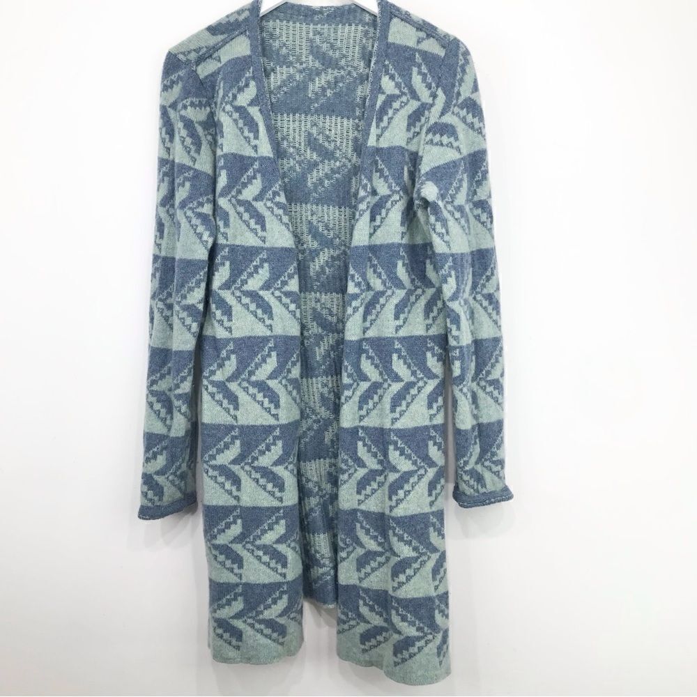 Tribal Pattern Knit Light Blue, Blue Long Duster Cardigan Knit Sweater